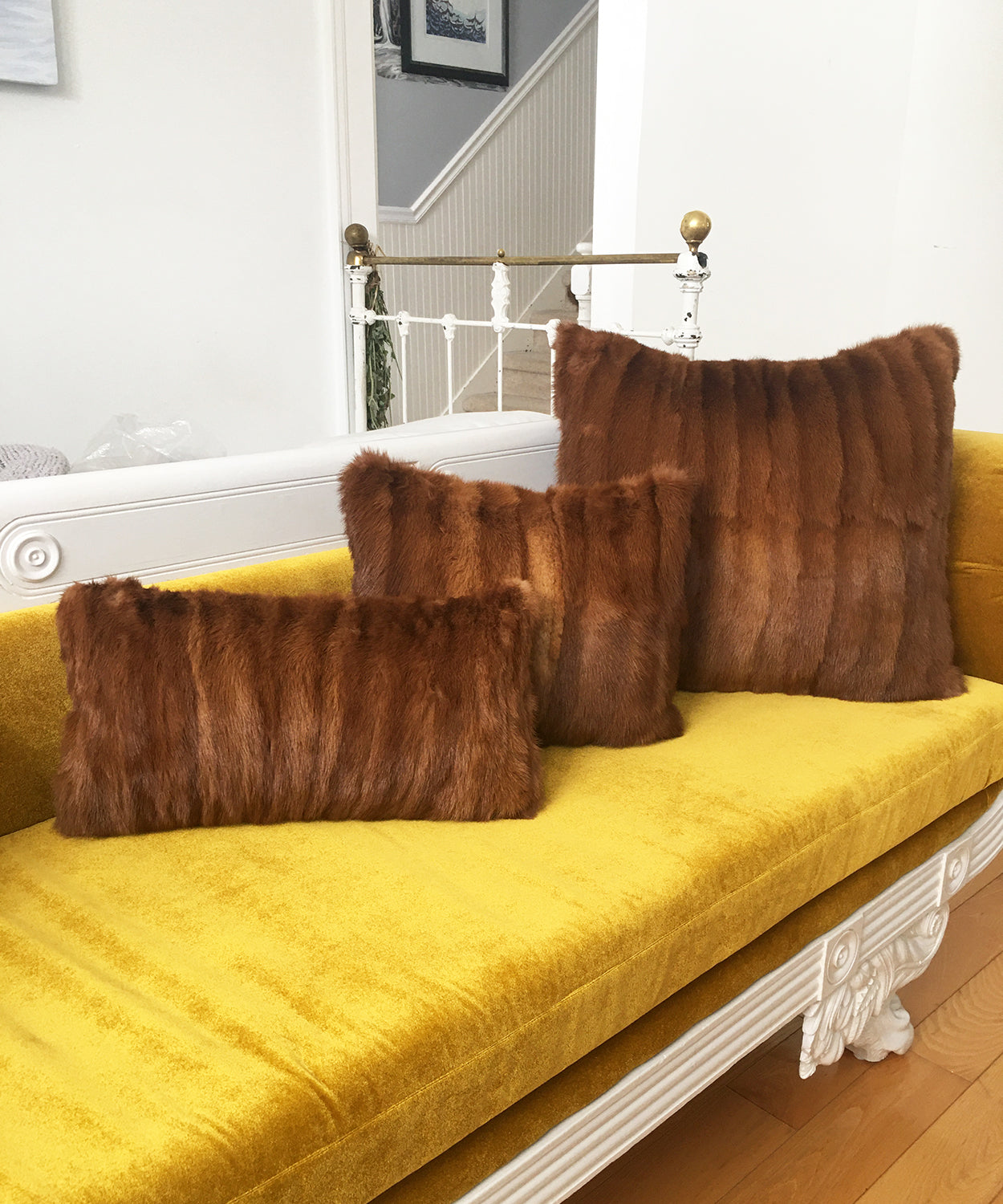 Red Mink Fur Pillows made from vintage fur coats. Reclaimed fur throw cushions made in Canada. What should I do with my fur coat?