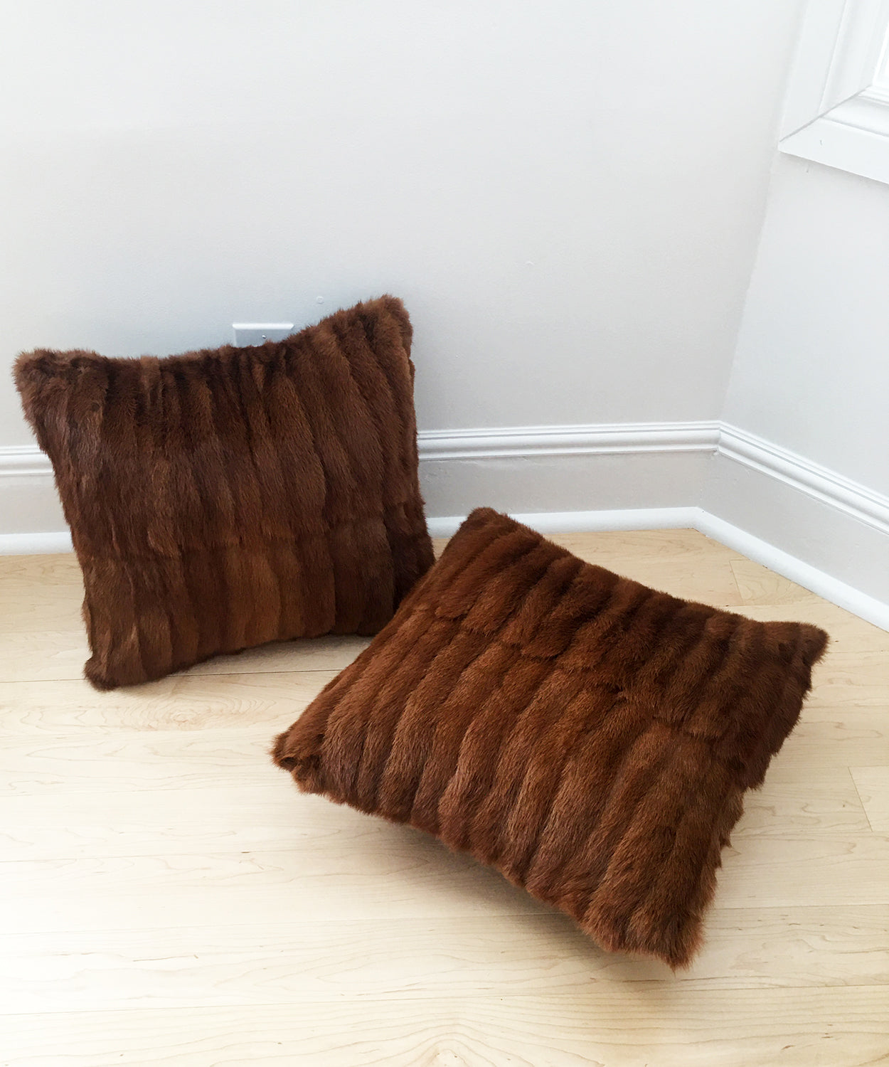 Red Mink Fur Pillows made from vintage fur coats. Reclaimed fur throw cushions made in Canada. What should I do with my fur coat?