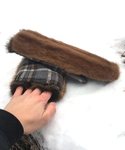 Real Fur Mittens. Brown mink fur mittens with fur lining. Fur lined Mittens for raynaud's. warmest furry mittens made in Canada. Big furry mitts for men