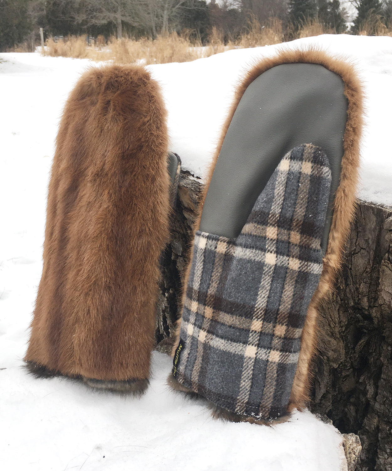 Real Fur Mittens. Brown mink fur mittens with fur lining. Fur lined Mittens for raynaud's. warmest furry mittens made in Canada. Big furry mitts for men