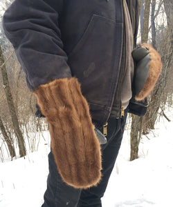 Real Fur Mittens. Brown mink fur mittens with fur lining. Fur lined Mittens for raynaud's. warmest furry mittens made in Canada. Big furry mitts for men