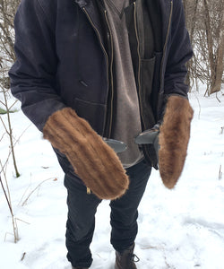 Real Fur Mittens. Brown mink fur mittens with fur lining. Fur lined Mittens for raynaud's. warmest furry mittens made in Canada. Big furry mitts for men