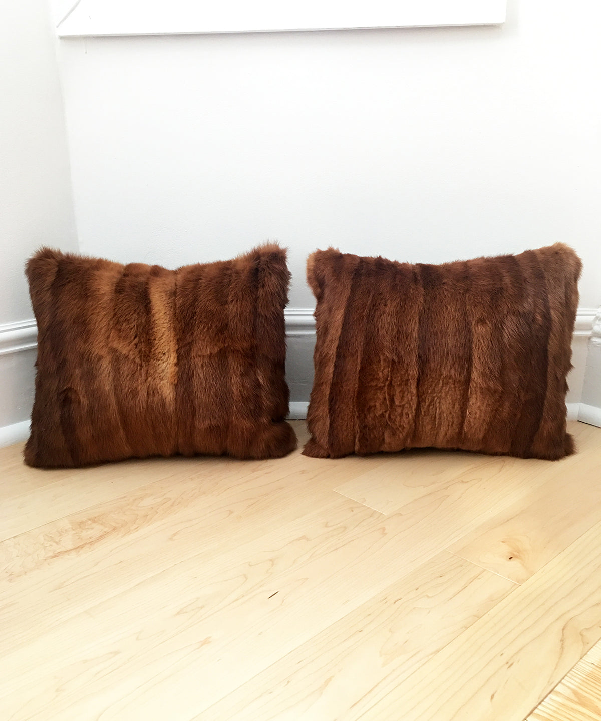 Red Mink Fur Pillows made from vintage fur coats. Reclaimed fur throw cushions made in Canada. What should I do with my fur coat?