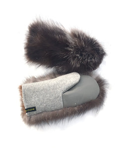 Real Fur Mittens. Gray fox fur mittens with fur lining. raynauds warmest mittens made in Canada