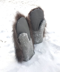 Real Fur Mittens. Gray fox fur mittens with fur lining. raynauds warmest mittens made in Canada