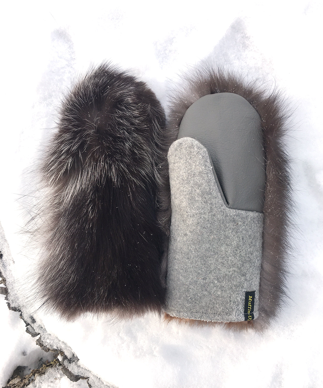 Real Fur Mittens. Gray fox fur mittens with fur lining. raynauds warmest mittens made in Canada