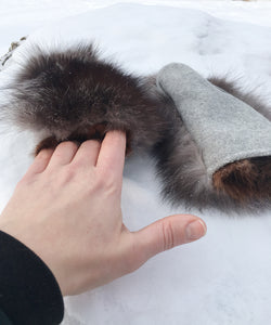 Real Fur Mittens. Gray fox fur mittens with fur lining. raynauds warmest mittens made in Canada