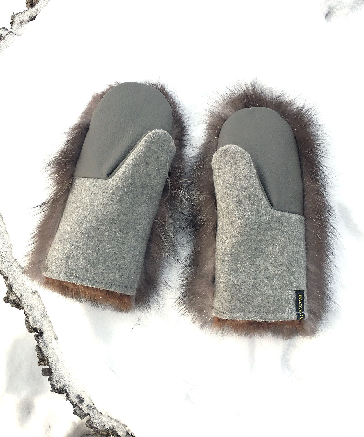 Real Fur Mittens. Gray fox fur mittens with fur lining. raynauds warmest mittens made in Canada