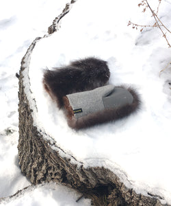 Real Fur Mittens. Gray fox fur mittens with fur lining. raynauds warmest mittens made in Canada