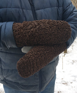 Real Fur Mittens. Brown Persian Lamb fur mittens with fur lining. Fur lined Mittens for raynaud's. warmest furry mittens made in Canada. Big furry mitts for men