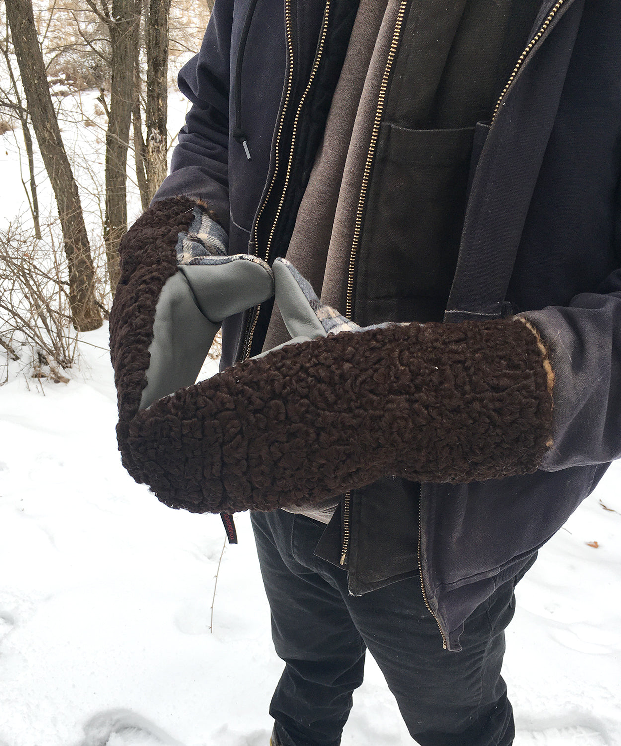 Real Fur Mittens. Brown Persian Lamb fur mittens with fur lining. Fur lined Mittens for raynaud's. warmest furry mittens made in Canada. Big furry mitts for men