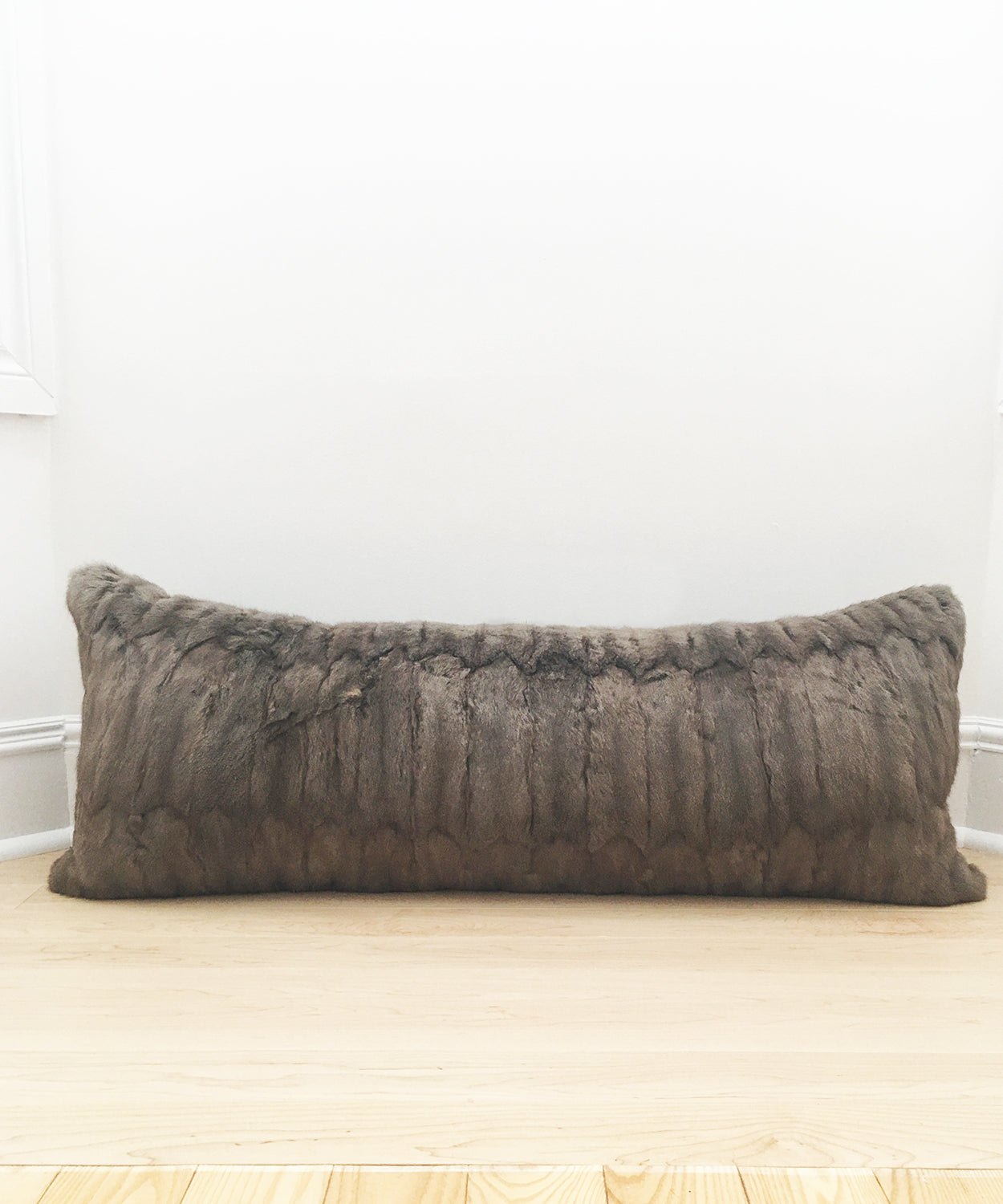 gray Russian squirrel fur body pillow made from vintage fur coats. fur upcycle idea, what should I do with my fur coat? Fur coat ideas. Made in Canada