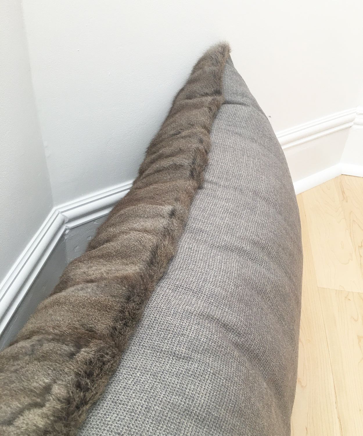 gray Russian squirrel fur body pillow made from vintage fur coats. fur upcycle idea, what should I do with my fur coat? Fur coat ideas. Made in Canada