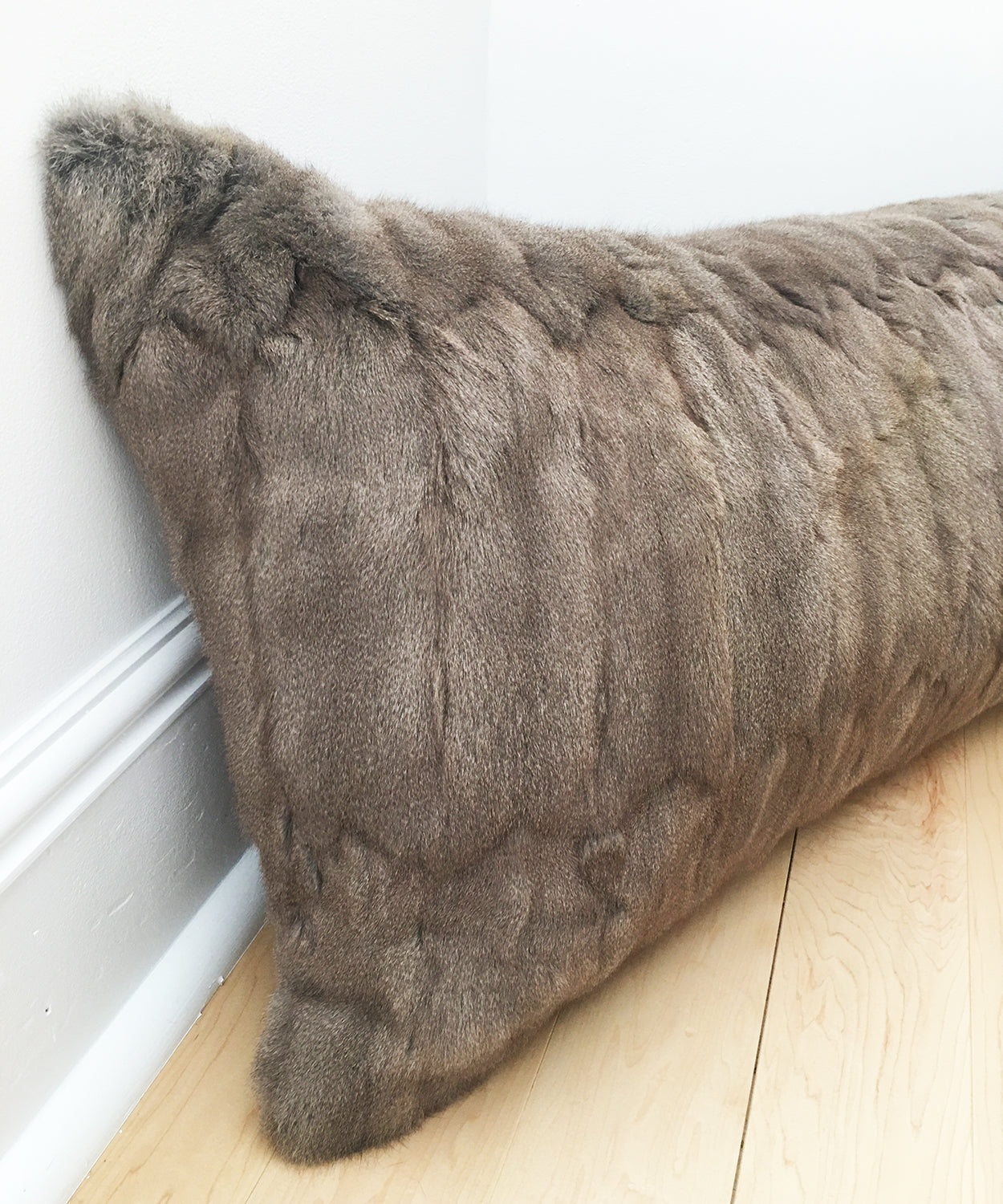 gray Russian squirrel fur body pillow made from vintage fur coats. fur upcycle idea, what should I do with my fur coat? Fur coat ideas. Made in Canada