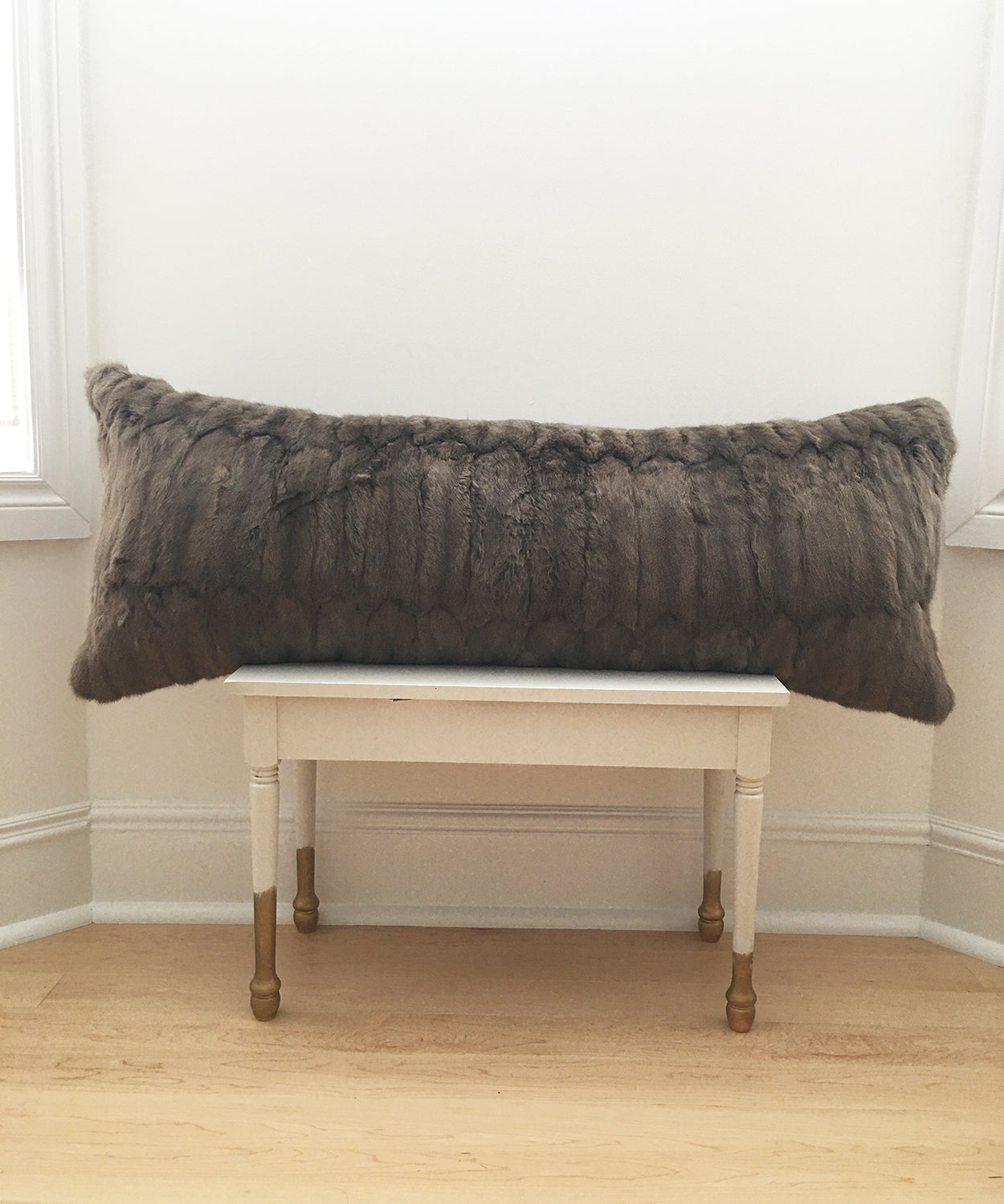 gray Russian squirrel fur body pillow made from vintage fur coats. fur upcycle idea, what should I do with my fur coat? Fur coat ideas. Made in Canada