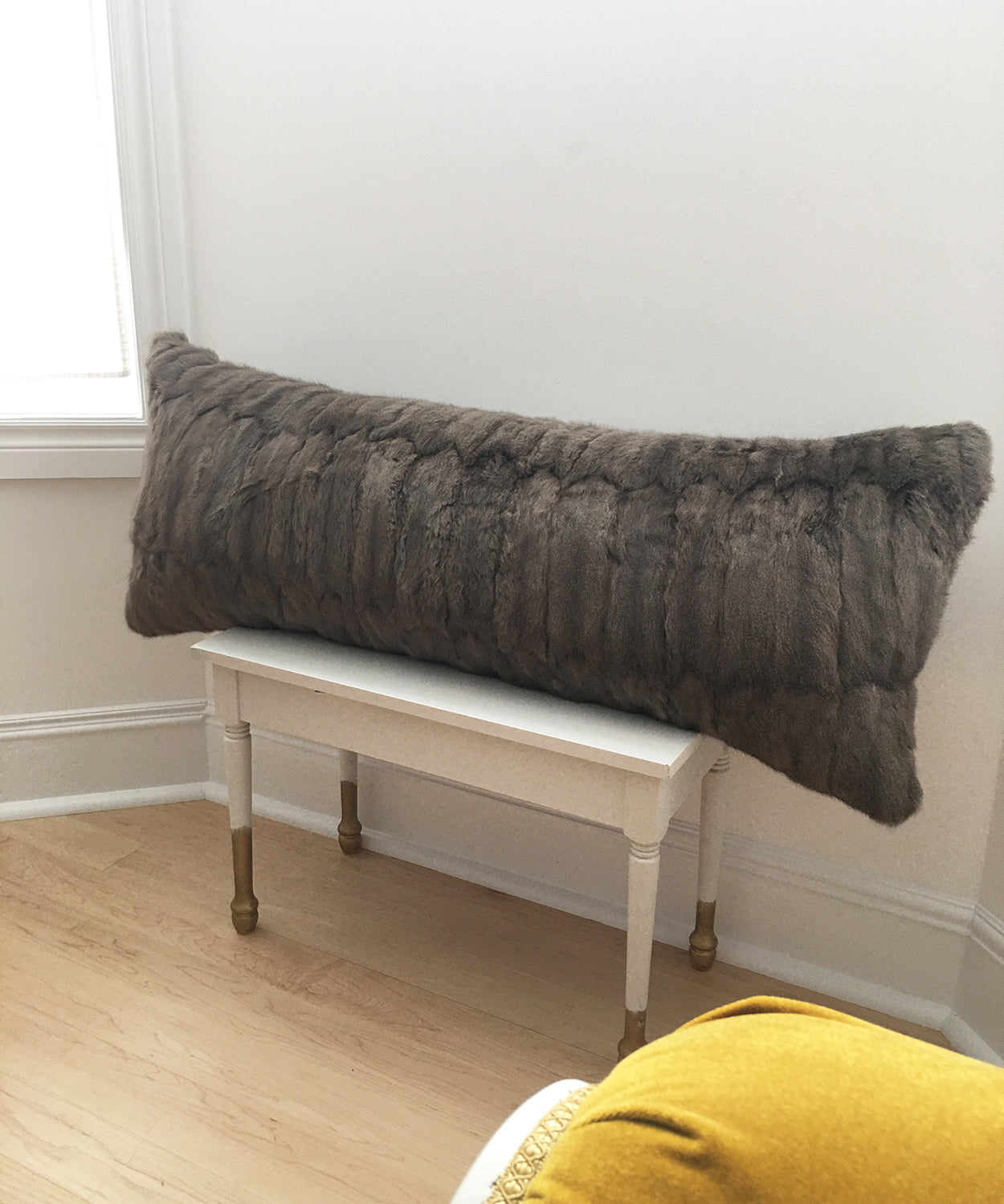 gray Russian squirrel fur body pillow made from vintage fur coats. fur upcycle idea, what should I do with my fur coat? Fur coat ideas. Made in Canada