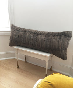 gray Russian squirrel fur body pillow made from vintage fur coats. fur upcycle idea, what should I do with my fur coat? Fur coat ideas. Made in Canada