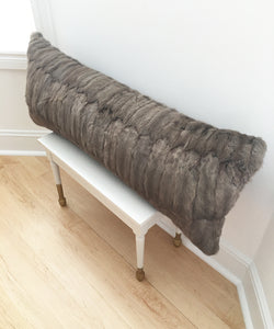 gray Russian squirrel fur body pillow made from vintage fur coats. fur upcycle idea, what should I do with my fur coat? Fur coat ideas. Made in Canada