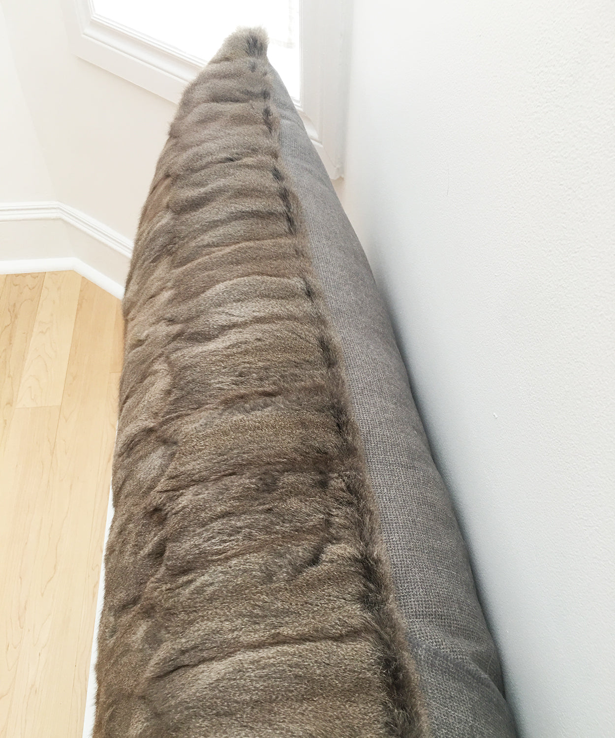 gray Russian squirrel fur body pillow made from vintage fur coats. fur upcycle idea, what should I do with my fur coat? Fur coat ideas. Made in Canada