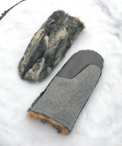 Real Fur Mittens. Gray Persian Lamb fur mittens with fur lining. Fur lined Mittens for raynaud's. warmest furry mittens made in Canada. Fur coat recycling ideas