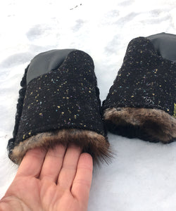 Real Fur Mittens. black fur mittens with fur lining. raynauds warmest mittens made in Canada