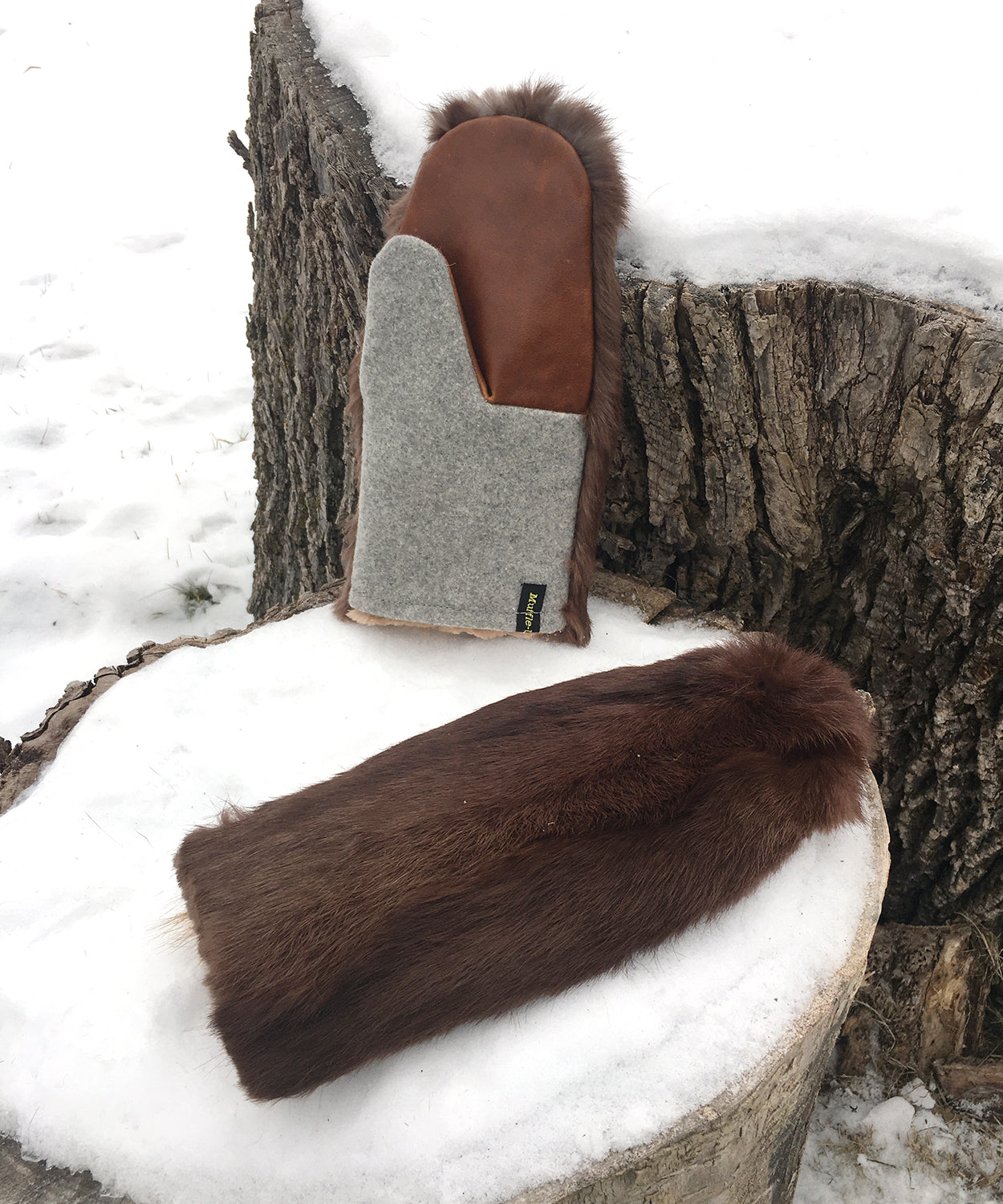 Women's Large / Men's Small Real Fur Mittens - Brown Rabbit