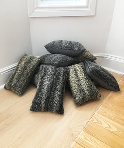 gray fur pillow made from vintage fur coats. fur upcycle idea, what should I do with my fur coat? Fur coat ideas. Made in Canada