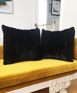 Black mink fur pillows made from vintage fur coats. Large square furry pillows made in Canada. What should I do with my fur coat? Fur coat recycle idea