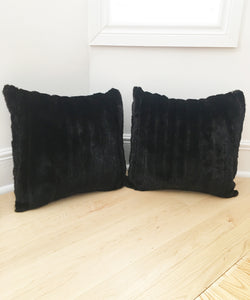 Black mink fur pillows made from vintage fur coats. Large square furry pillows made in Canada. What should I do with my fur coat? Fur coat recycle idea