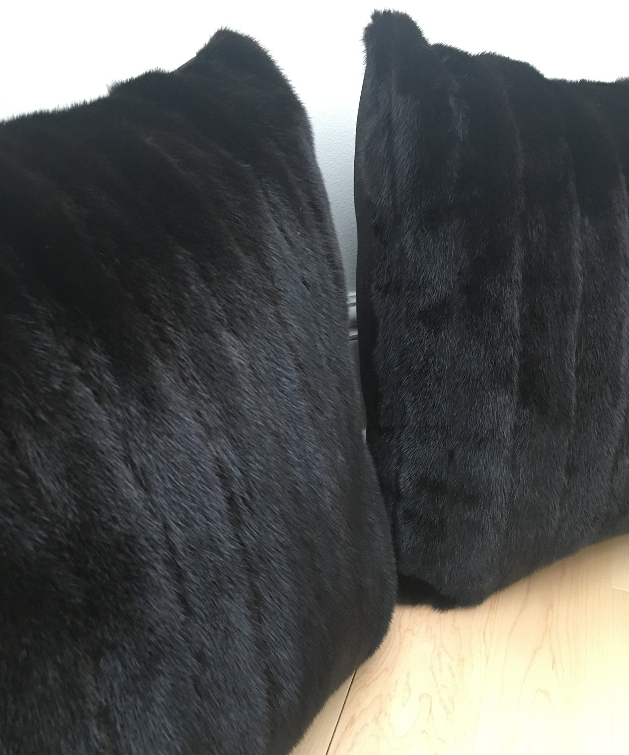 Black mink fur pillows made from vintage fur coats. Large square furry pillows made in Canada. What should I do with my fur coat? Fur coat recycle idea