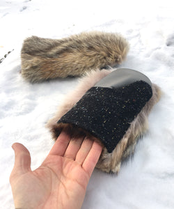 Real Fur Mittens. Coyote fur mittens with fur lining. Mittens for raynauds. warmest furry mittens made in Canada