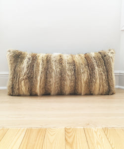 real fluffy coyote fur pillow made from vintage fur coats. Giant fur pillow made in Canada. Fur coat recycling idea. What should I do with my fur coat?