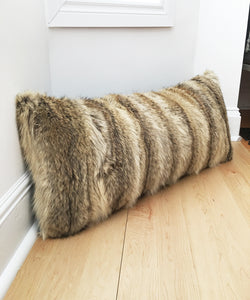 real fluffy coyote fur pillow made from vintage fur coats. Giant fur pillow made in Canada. Fur coat recycling idea. What should I do with my fur coat?