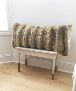 real fluffy coyote fur pillow made from vintage fur coats. Giant fur pillow made in Canada. Fur coat recycling idea. What should I do with my fur coat?