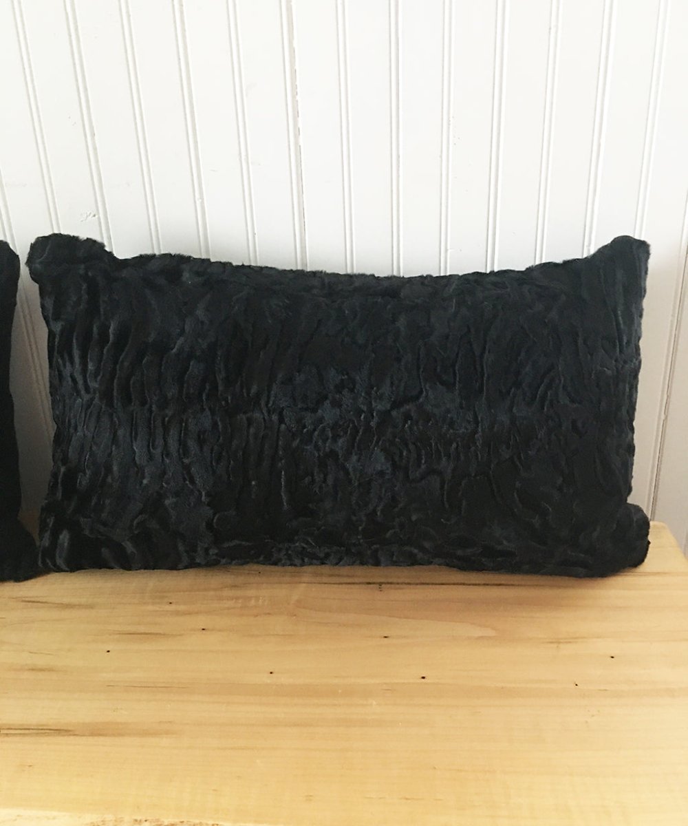 black Persian lamb fur throw cushion  made from vintage fur coats. fur upcycle idea, what should I do with my fur coat? Fur coat ideas. Made in Canada