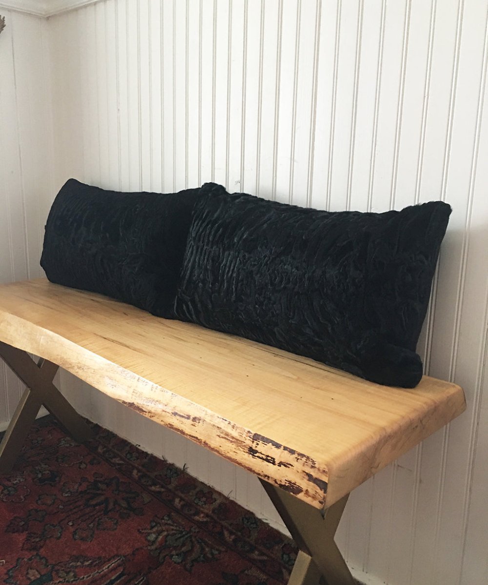 black Persian lamb fur throw cushion  made from vintage fur coats. fur upcycle idea, what should I do with my fur coat? Fur coat ideas. Made in Canada