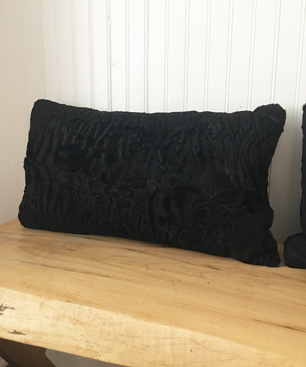 black Persian lamb fur throw cushion  made from vintage fur coats. fur upcycle idea, what should I do with my fur coat? Fur coat ideas. Made in Canada