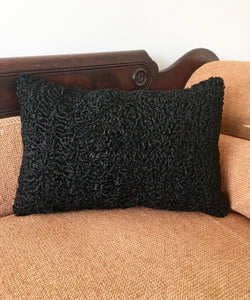 Rblack Persian lamb fur throw cushion  made from vintage fur coats. fur upcycle idea, what should I do with my fur coat? Fur coat ideas. Made in Canada