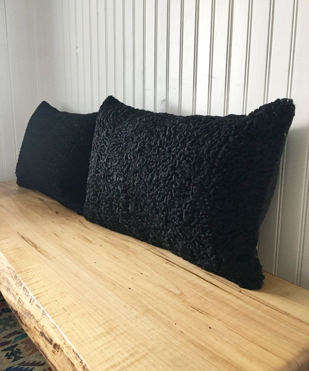 black Persian lamb fur throw cushion  made from vintage fur coats. fur upcycle idea, what should I do with my fur coat? Fur coat ideas. Made in Canada