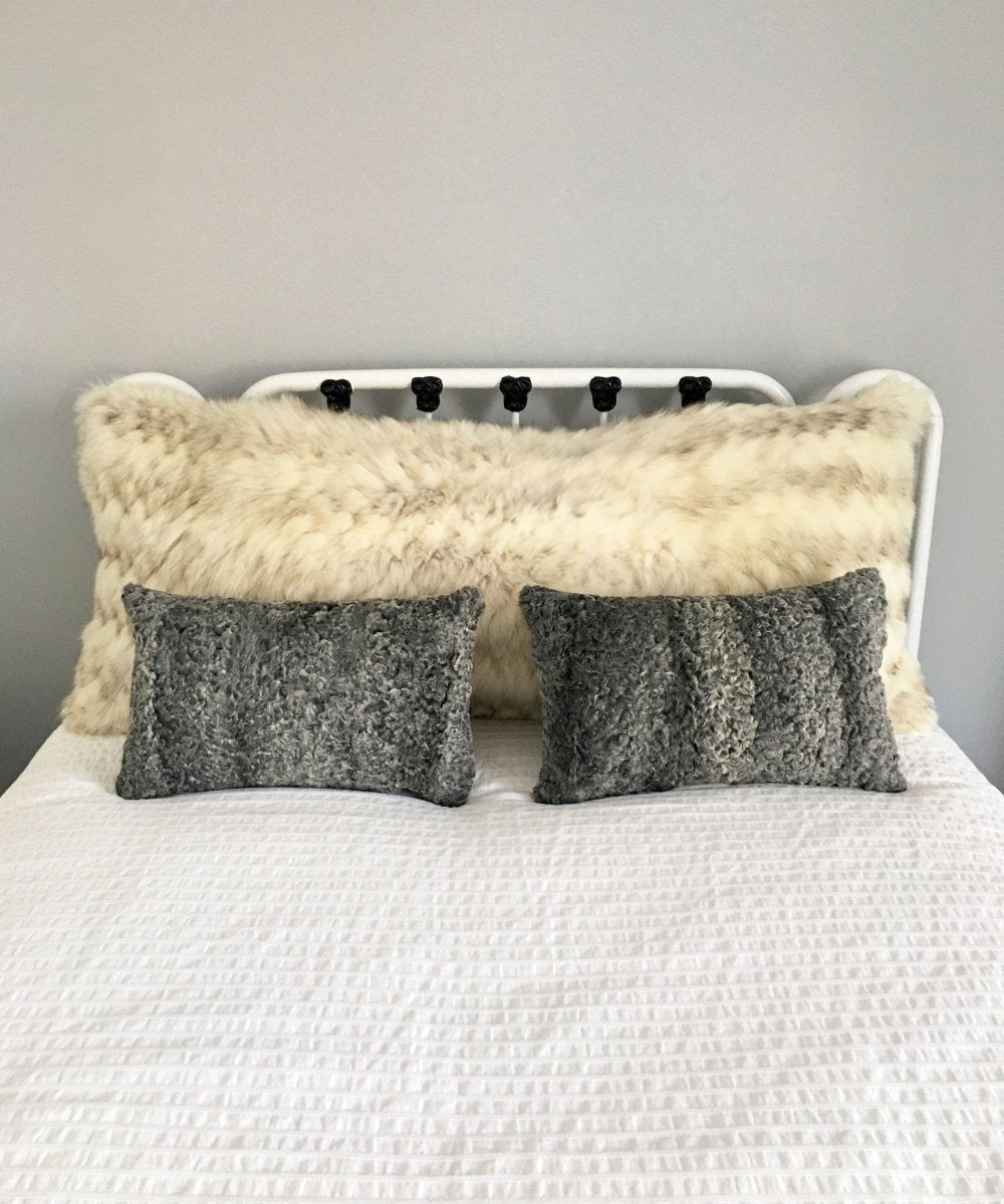 gray fur pillow made from vintage fur coats. fur upcycle idea, what should I do with my fur coat? Fur coat ideas. Made in Canada