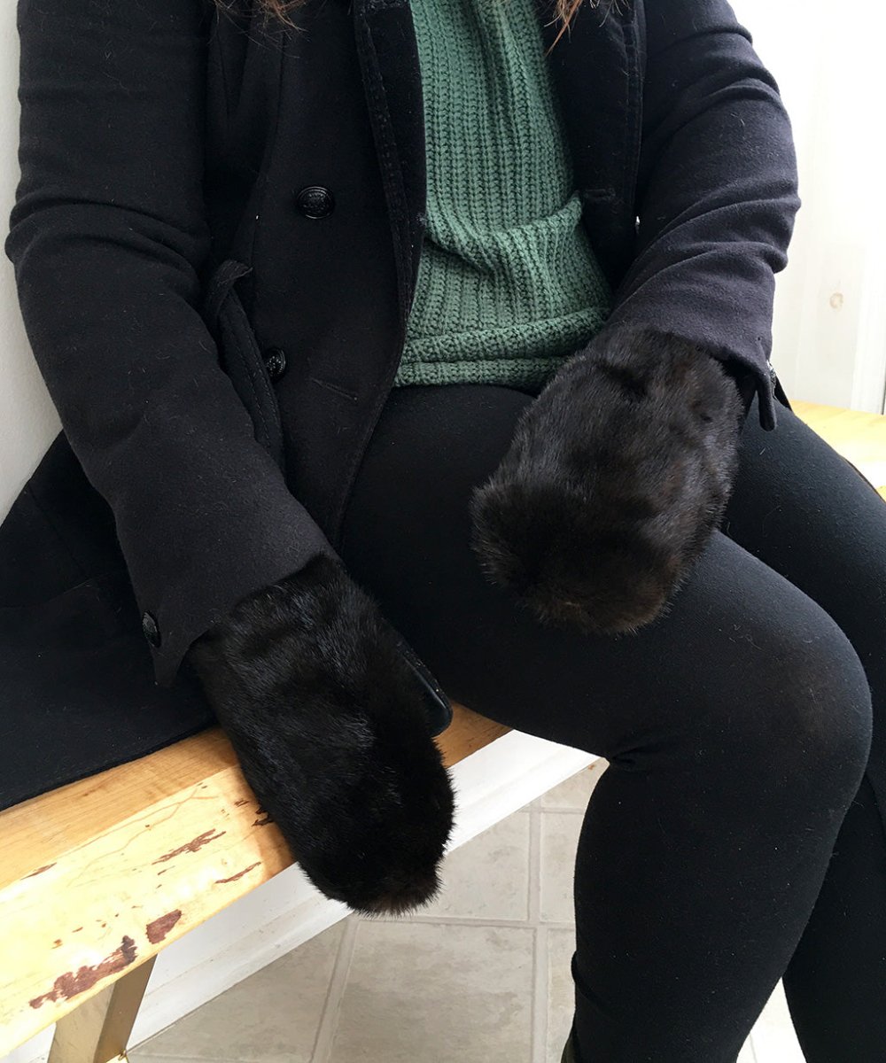 Real Fur Mittens. Black Mink fur mittens with fur lining. Fur lined Mittens for raynaud's. warmest furry mittens made in Canada