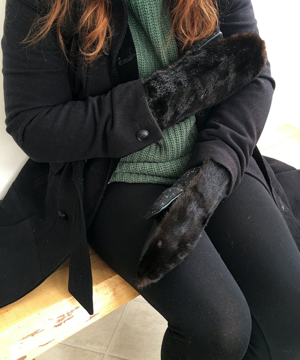 Real Fur Mittens. Black Mink fur mittens with fur lining. Fur lined Mittens for raynaud's. warmest furry mittens made in Canada