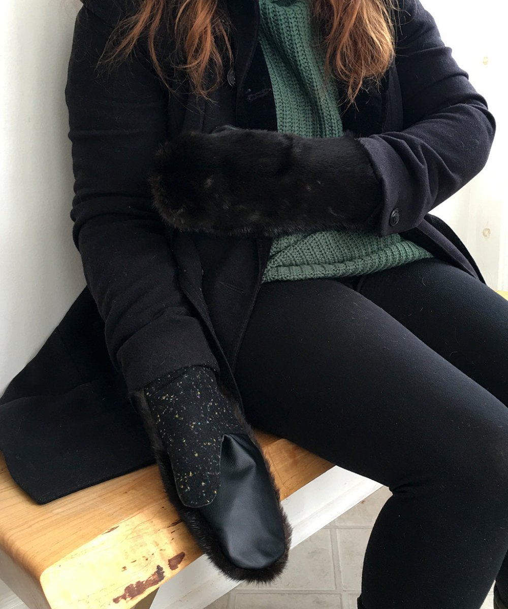 Women's Large / Men's Small Real Fur Mittens - Black Mink Fur - Muffle - Up!