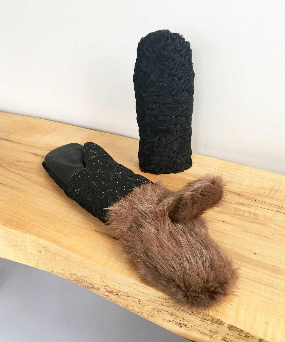 Real Fur Mittens. Persian lamb fur mittens with fur lining. Fur lined Mittens for raynaud's. warmest furry mittens made in Canada. Fur coat recycling idea