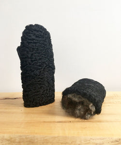 Women's Large / Men's Small Real Fur Mittens - Black Persian Lamb - Muffle - Up!