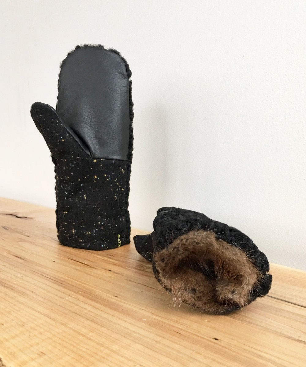 Women's Large / Men's Small Real Fur Mittens - Black Persian Lamb - Muffle - Up!