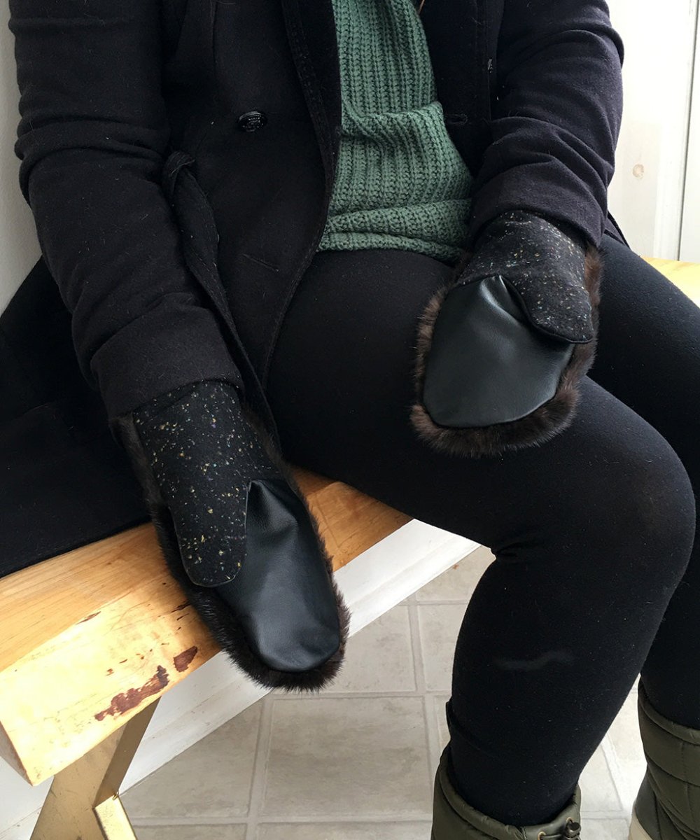 Women's Medium Real Fur Mittens - Black Mink - Muffle - Up!