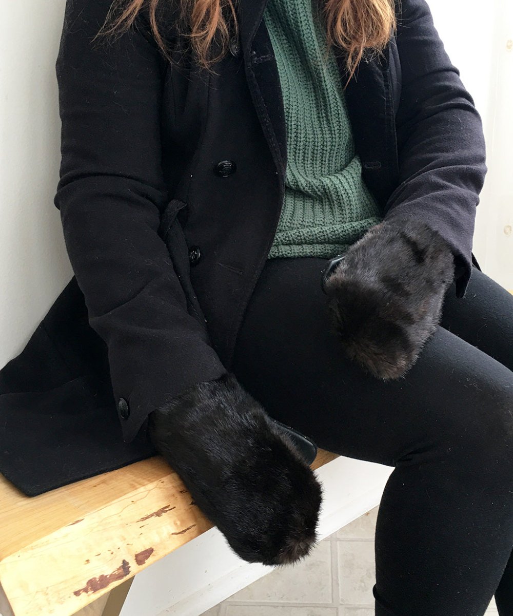 Women's Medium Real Fur Mittens - Black Mink - Muffle - Up!