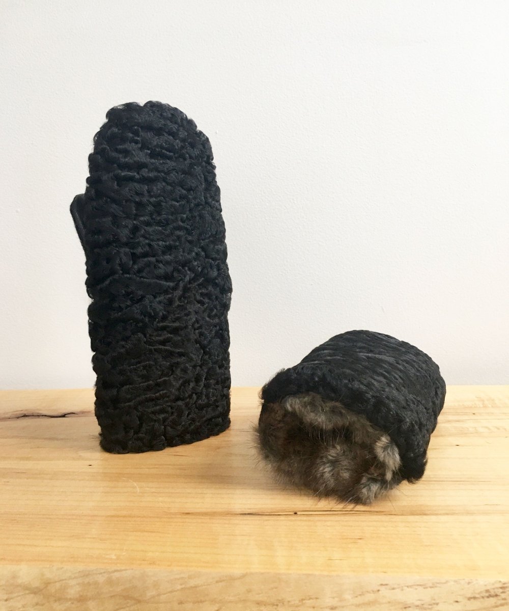 Women's Small Real Fur Mittens - Black Persian Lamb - Muffle - Up!