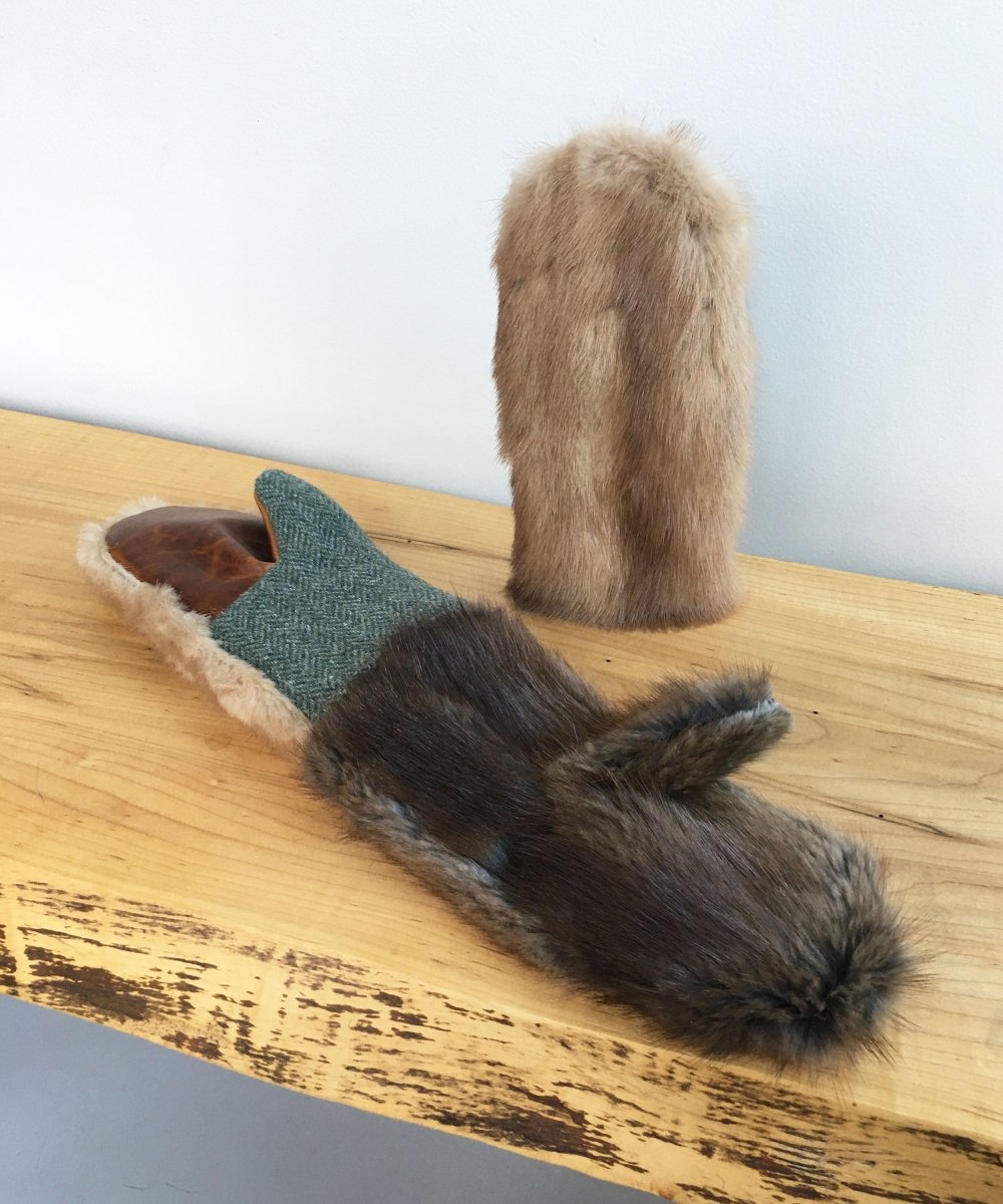 Women's Small Real Fur Mittens - Brown Mink, Khaki Wool - Muffle - Up!